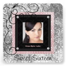 Silver Pink Black Damask Photo Sweet 16 Party Invites
