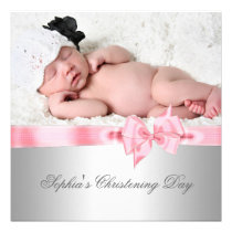 Silver Pink Damask Bow Girl Photo Christening invitations
