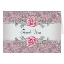 Silver Pink Rose Damask Thank You Cards