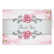 Silver Pink Rose Thank You Cards
