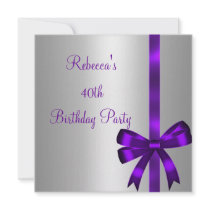 Silver Purple Bow 40th Elegant Birthday Party Personalized Invitation