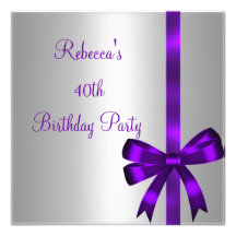 Silver Purple Bow 40th Elegant Birthday Party Personalized Invitation