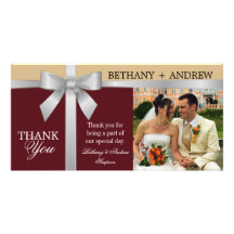 Silver Ribbon Burgundy Gold Wedding Thank You Photo Card
