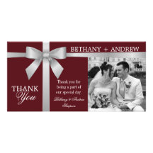 Silver Ribbon Burgundy Wedding Thank You Picture Card