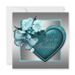 Silver Teal Blue Heart Butterfly Teal Blue Party Announcements
