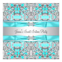 Silver Teal Blue Sweet Sixteen Party Custom Invites