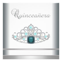 Silver Tiara Teal Blue Quinceanera Announcements