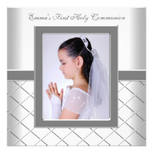 Silver White Photo Girls 1st Communion Personalized Invites
