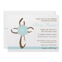 Simple Contemporary Cross with Blue Flower Personalized Announcements