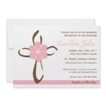 Simple Contemporary Cross with Pink Flower Custom Invitation