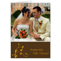 Simple orange sprig custom photo brown thank you cards