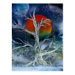 Single Dead Tree Foggy Night Orange Moon Post Cards