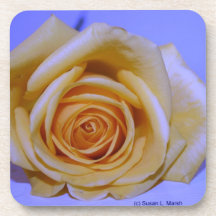 Single yellowish rose blue tinted beverage coasters
