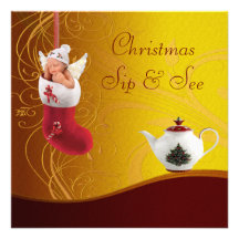 Sip & See Baby in Christmas Stocking Baby Shower Custom Announcements