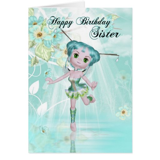 sister cute fairy birthday greeting card aqua colo