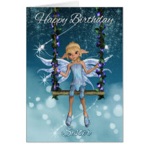 Sister Happy Birthday cute fairy on flower swing, Cards