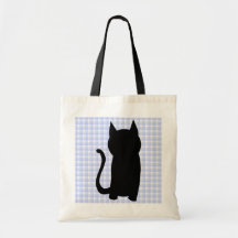 Sitting Black Cat Silhouette. On pale blue check. Bag