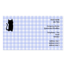 Sitting Black Cat Silhouette. On pale blue check. Business Card