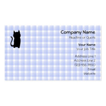Sitting Black Cat Silhouette. On pale blue check. Business Card