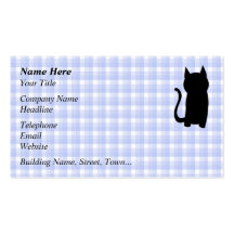 Sitting Black Cat Silhouette. On pale blue check. Business Card Template