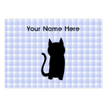 Sitting Black Cat Silhouette. On pale blue check. Business Cards