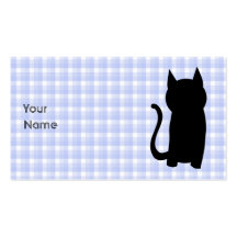 Sitting Black Cat Silhouette. On pale blue check. Business Card Templates