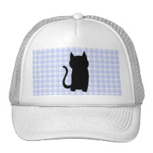 Sitting Black Cat Silhouette. On pale blue check. Mesh Hats