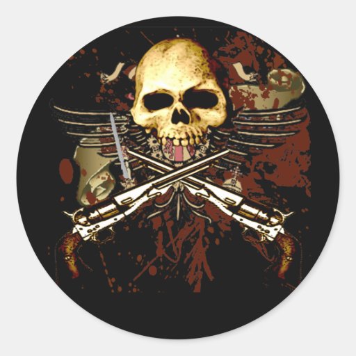 Sixgun Skull Round Sticker
