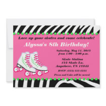 Skate Party Girls Zebra Print Birthday Invitation