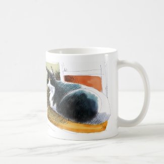 Sketchy tuxedo cat on chair mugs