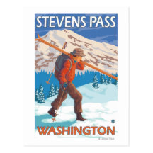 Skier Carrying Snow Skis - Stevens Pass, WA Postcard