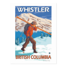 Skier Carrying Snow Skis - Whistler, BC Canada Postcards