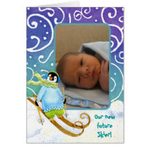 Skiing Ski Penguin Birth Photo Announcement Greeting Cards