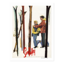 Skis Standing Up in Snow by Couple Poster Post Card
