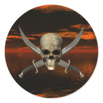 Skull and Crossed Swords w/Red Sky Background 1 Round Sticker