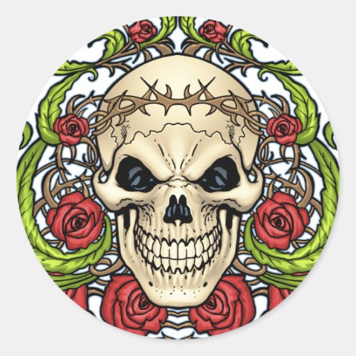 Skull and Roses with Crown Of Thorns by Al Rio Sticker