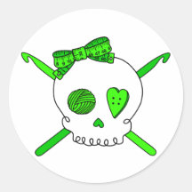 Skull & Crochet Hooks (Lime Green) Round Sticker