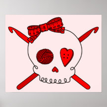 Skull & Crochet Hooks (Red Background) Print