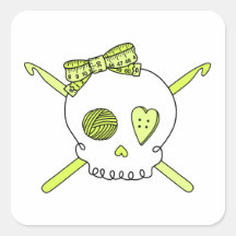 Skull & Crochet Hooks (Yellow) Square Stickers