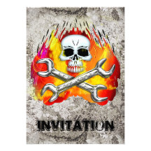 Skull Flames and Crossed Chrome Wrenches Personalized Invites
