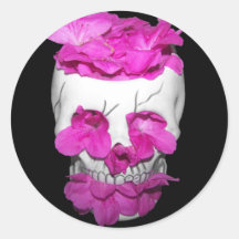 Skull Full of Pink Flowers Round Sticker