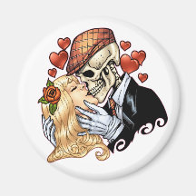 Skull Kiss with Hearts and Roses by Al Rio Fridge Magnets