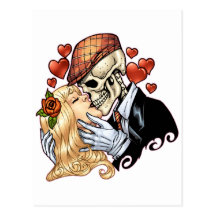 Skull Kiss with Hearts and Roses by Al Rio Postcard