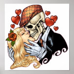 Skull Kiss with Hearts and Roses by Al Rio Print
