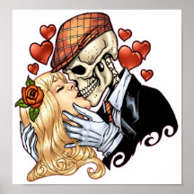 Skull Kiss with Hearts and Roses by Al Rio Print