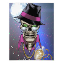 Skull Pimp with Hat, Glasses, Gold Chain and Disco Art Photo