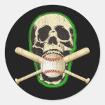 SKULL WITH BASEBALL AND BATS ROUND STICKERS