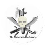 SKULL WITH CROSSED WEAPONS SILVER AND BLACK STICKERS