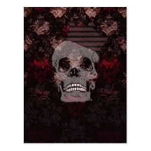 Skull with Crown on Grunge Black Lace Red Damask Post Card