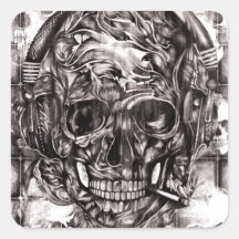 Skull with headphones hand drawn artwork. square stickers
